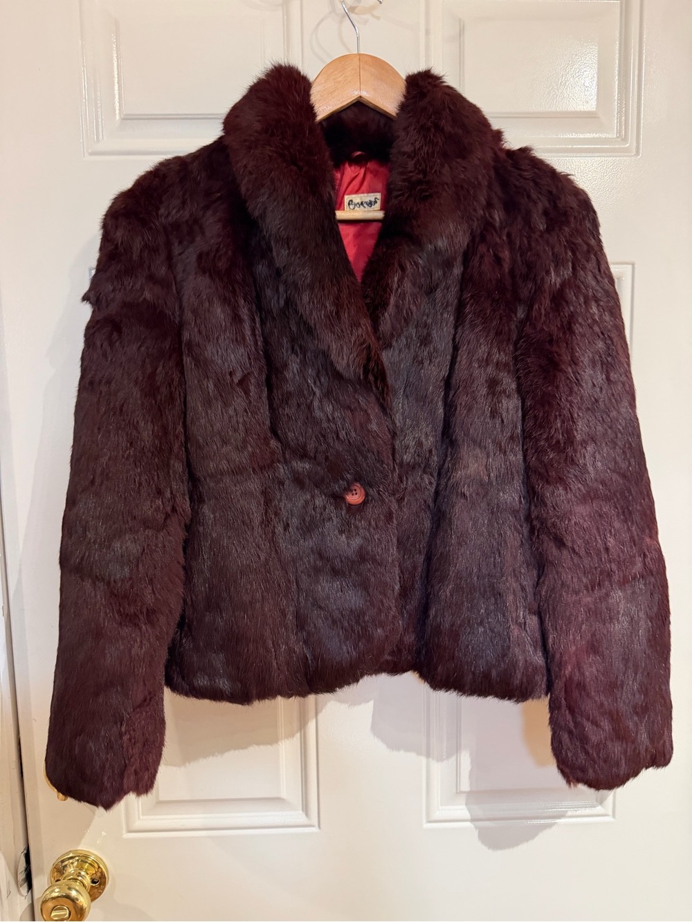 George Women’s Genuine Rabbit Fur Jacket Burgundy Red Vintage Real Fur Coat